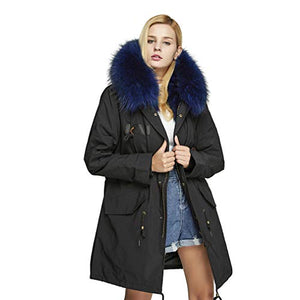 Fur Story Women's Real Fur Parka Jacket with Raccoon Fur Thick Hooded Long Fur Coat for Winter Blue US8 Short 18104