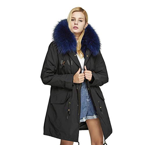 Fur Story Women's Real Fur Parka Jacket with Raccoon Fur Thick Hooded Long Fur Coat for Winter Blue US6 Short 18104