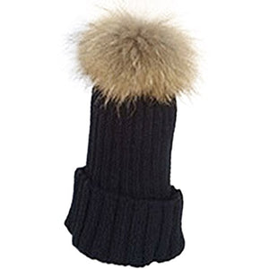 Fur Story Unisex Beanie Outdoor Cap Real Raccoon Fur Pom Pom Hats
