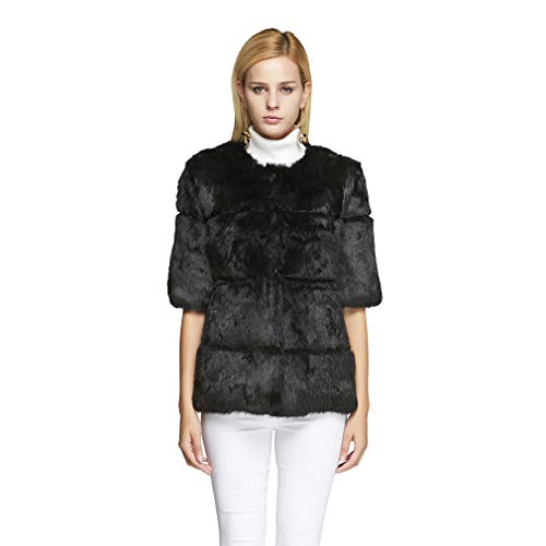 fur story FS18110 Women's Rabbit Fur Coat Solid Color Fur Jacket for Winter with Round Collar Half Sleeve