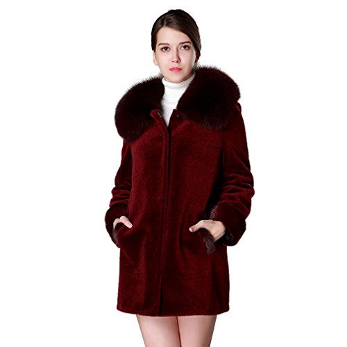 fur story Women's Long Real Lamb Fur Coat with Fox Fur Collar and Mink Fur Cuff Full Sleeve