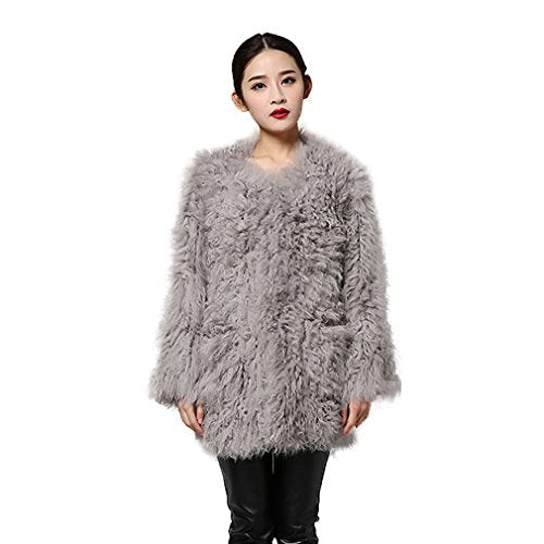 fur story Women's Knitted Fur Coat with Real Lamb Fur Thick Warm Coat Full Sleeve V Neck