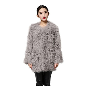 fur story Women's Knitted Fur Coat with Real Lamb Fur Thick Warm Coat Full Sleeve V Neck