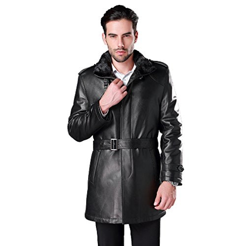 Fur Story Men's Genuine Sheep Leather Coat Jacket Mink Fur Lining and Collar Full Sleeve Turn Down Collar