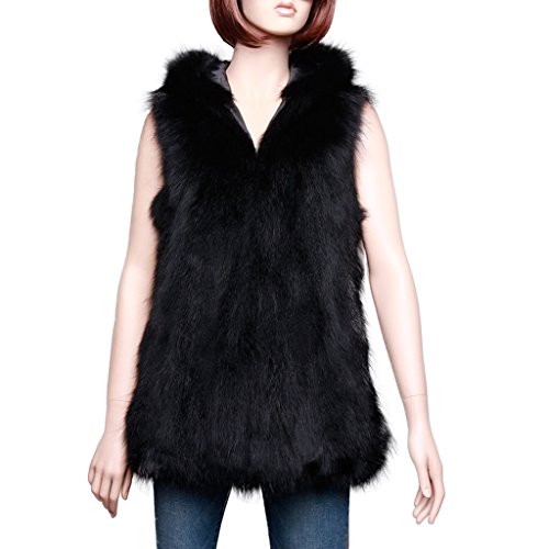 fur story Women's Long Real Raccoon Fur Vest with Hood Warm Waistcoat Sleeveless O Neck