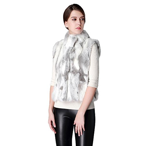 fur story Women's Fur Vest with Real Rabbit Fur Thick Warm Vest Sleeveless Stand up Collar