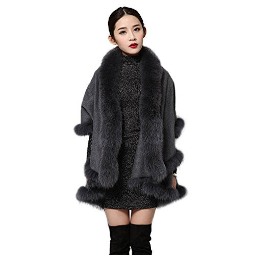 Fur Story Women's Real Cashmere Poncho with Fox Fur Collar Trim and Hem Thick Warm Shawl