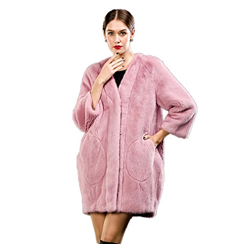 Fur Story Women's Long Fur Coat with Real Mink Fur Thick Warm Coat 3/4 Sleeve V Neck