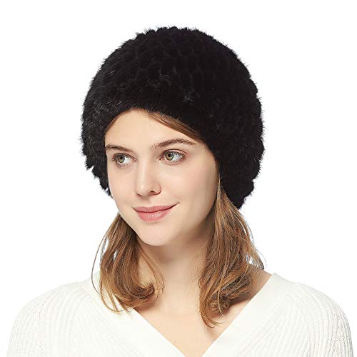 Fur Story Women's Knitted Fur Hat for Winter Warm Fur Beanie Hat with Mink Fur