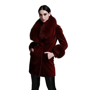 fur story Women's Long Real Lamb Fur Coat with Fox Fur Collar Thick Warm Coat Full Sleeve