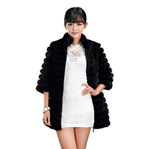 Fur Story 16170B Women's Long Real Mink Fur Coat with Mandarin Collar 3/4 Sleeve