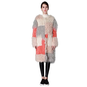 Fur Story Women's Knitted Long Fur Coat with Real Mongolia Lamb Fur Full Sleeve O Neck Contrast Color