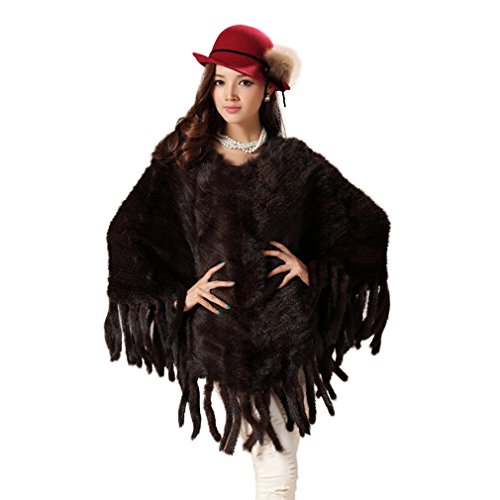 Fur Story Women's Knitted Long Fur Poncho with Real Mink Fur Thick Warm Pullover with Tassels