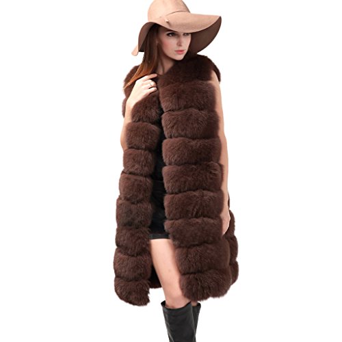 fur story Women's Long Fur Vest with Real Fox Fur Thick Warm Vest Sleeveless O Neck