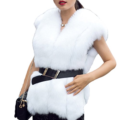 fur story Women's Fur Vest with Real Fox Fur Thick Warm Vest Sleeveless V Neck (White)