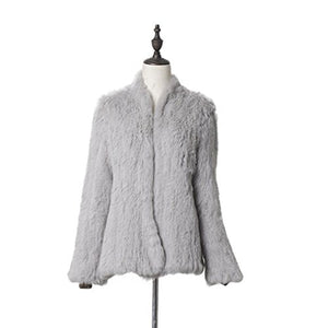 fur story Women's Knitted Fur Coat with Real Rabbit Fur Thick Warm Coat Full Sleeve V Neck