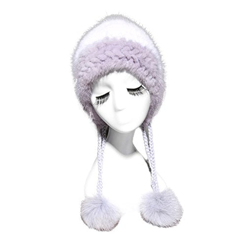 Fur Story 15664 Women's Knitted Real Mink Fur Beanie Hat Fox Fur Pom Pom Cap