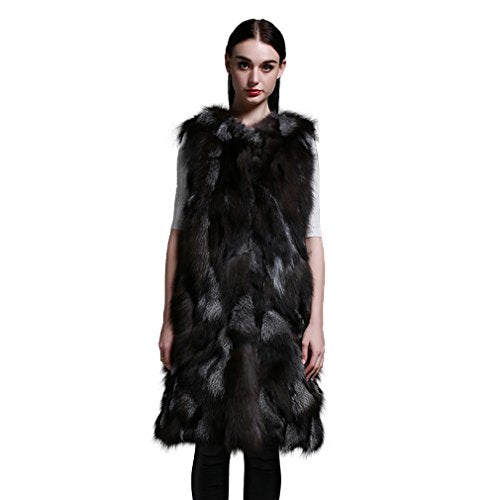 fur story Women's Long Fur Vest with Silver Fox Fur Thick Warm Vest Sleeveless O Neck