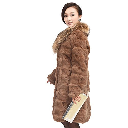 fur story Women's Long Real Rabbit Fur Coat with Raccoon Fur Collar