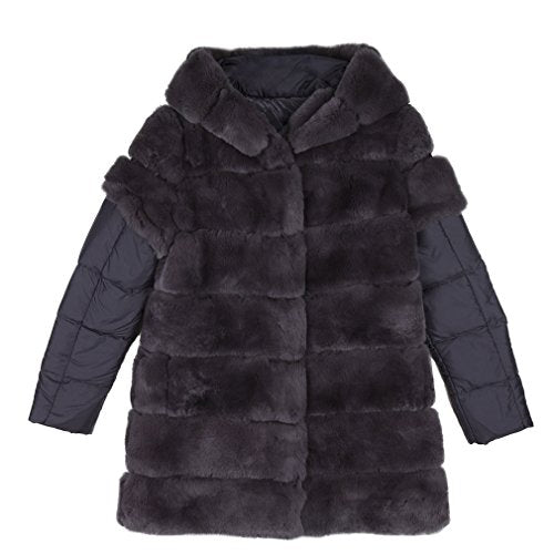 fur story Women's Long Real Rex Rabbit Fur Coat with Genuine Sheep Leather Full Sleeve