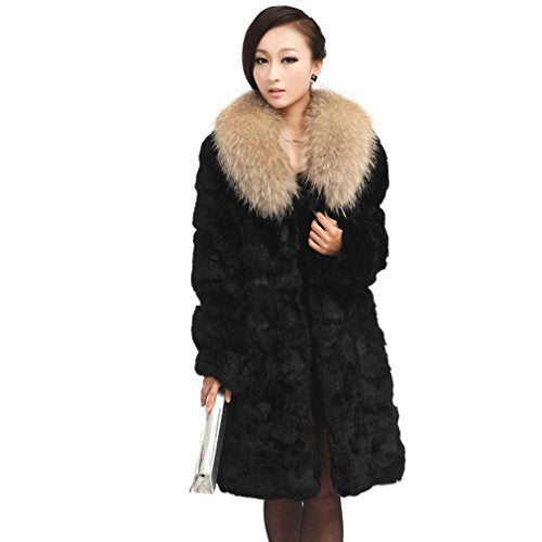 fur story Women's Long Real Rabbit Fur Coat with Raccoon Fur Collar