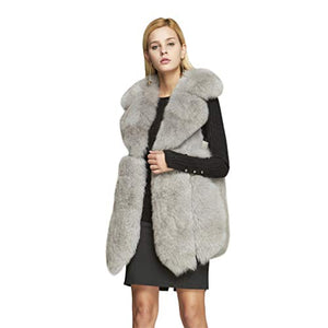 fur story Women's Fox Fur Vest Long Winter Fur Jacket with Turnover Collar 18203