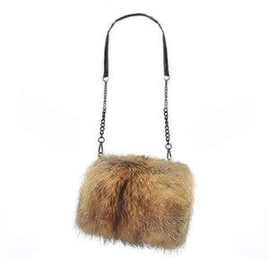 Fur Story Women's Winter Brown Racoon Fur Handbag Leather Ladies Shoulder Bag