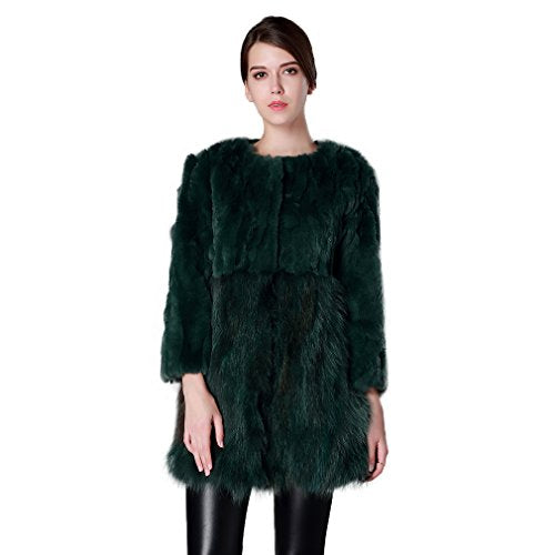 Fur Story Women's Long Real Rabbit Fur Coat with Raccoon Fur Hem 3/4 Sleeve O Neck