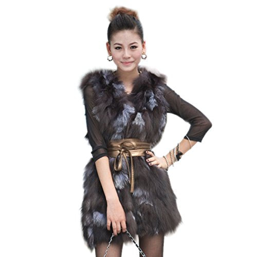Fur Story Women's Real Silver Fox Fur Vest Long