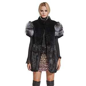 Women's Genuine Rabbit Fur Coat with Fox Fur Cuffs Warm Winter Coat 17215