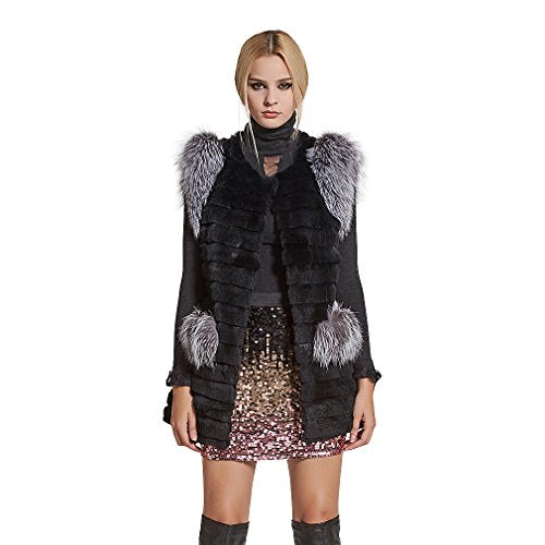 Women's Genuine Rabbit Fur Coat with Fox Fur Cuffs Warm Winter Coat 17216