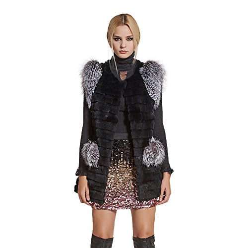 Women's Genuine Rabbit Fur Vest with Fox Fur Cuffs Winter Coat(Sleeveless,10)