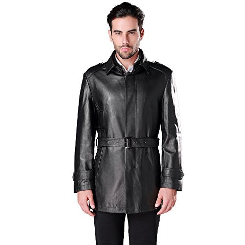 Fur Story Men's Genuine Sheep Leather Coat Jacket Full Sleeve Turn Down Collar (Black)