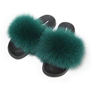 Fur Story Ladies Fox Fur Outdoor Fluffy Slippers