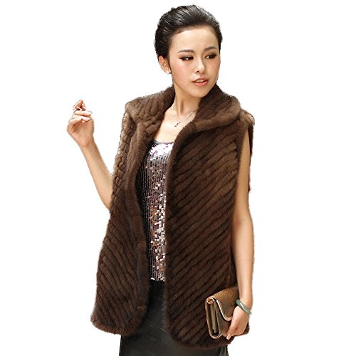 fur story Women's Knitted Real Mink Fur Vest Thick Warm Vest Sleeveless Turn Down Collar