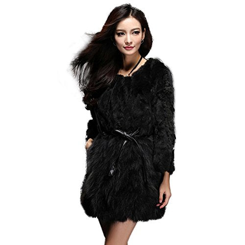 Fur Story Women's Long Real Rabbit Fur Coat with Raccoon Fur Hem 3/4 Sleeve O Neck