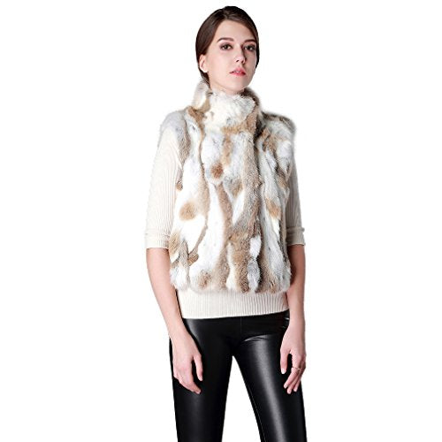 fur story Women's Fur Vest with Real Rabbit Fur Thick Warm Vest Sleeveless Stand up Collar