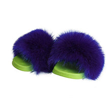 Load image into Gallery viewer, Fur Story ladies blue faux fur slippers, outdoor furry sandals