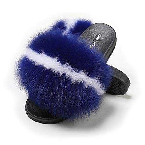 Fur Story Women's Fox Fur Slides Furry Slide for Outdoor Fluffy Sandals Open Toe Fur Slippers