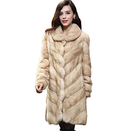 fur story Women's Long Fur Coat with Real Mink Fur Thick Warm Coat Full Sleeve Turn Down Collar