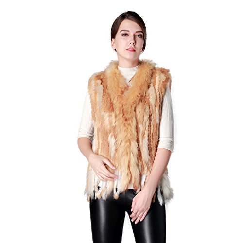 fur story Women's Real Rabbit Fur Vest with Raccoon Fur Collor Solid Color Winter Warm Fur Vest