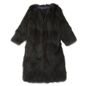 Fur Story Women's Long Genuine Fox Fur Coat Thick Warm Coat Nine Points Sleeve V Neck