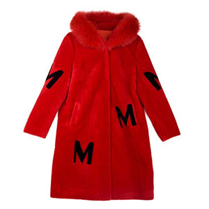fur story Women's Lamb Shearing Fur Coat Thick Warm Long Winter Coat with Hood