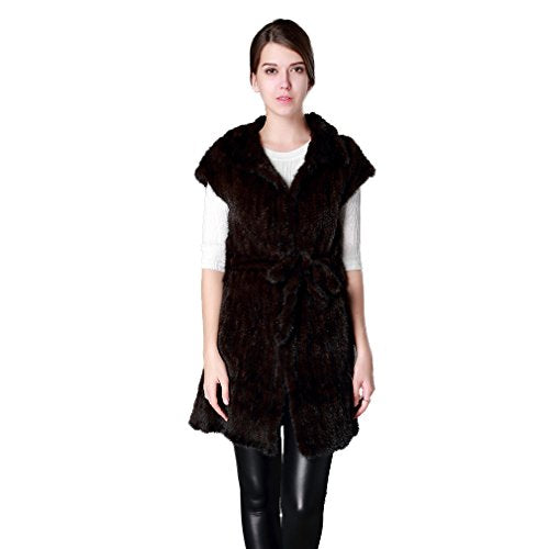 fur story Women's Knitted Long Fur Vest with Real Mink Fur Belt Short Sleeve Turn Down Collar