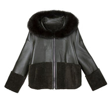 Load image into Gallery viewer, Fur Story Women&#39;s Synthetic Leather Coat with Real Lamb Fur and Fox Fur Hood Warm Zip Jacket Full Sleeve