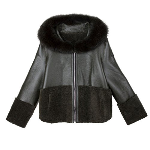 Fur Story Women's Synthetic Leather Coat with Real Lamb Fur and Fox Fur Hood Warm Zip Jacket Full Sleeve