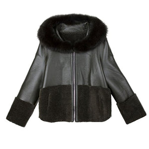 Fur Story Women's Synthetic Leather Coat with Real Lamb Fur and Fox Fur Hood Warm Zip Jacket Full Sleeve