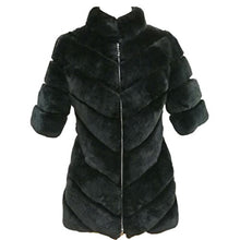 Load image into Gallery viewer, Fur Story Women&#39;s Middle Long Fur Coat with Real Rex Rabbit Fur Thick Warm Slim Coat Zip Half Sleeve Stand up Collar