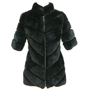 Fur Story Women's Middle Long Fur Coat with Real Rex Rabbit Fur Thick Warm Slim Coat Zip Half Sleeve Stand up Collar