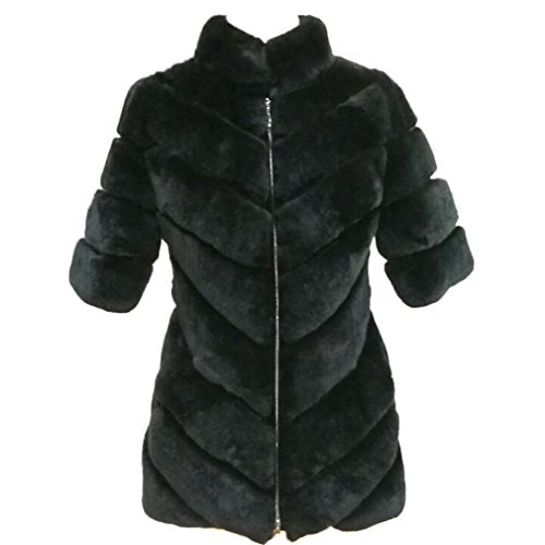 Fur Story Women's Middle Long Fur Coat with Real Rex Rabbit Fur Thick Warm Slim Coat Zip Half Sleeve Stand up Collar
